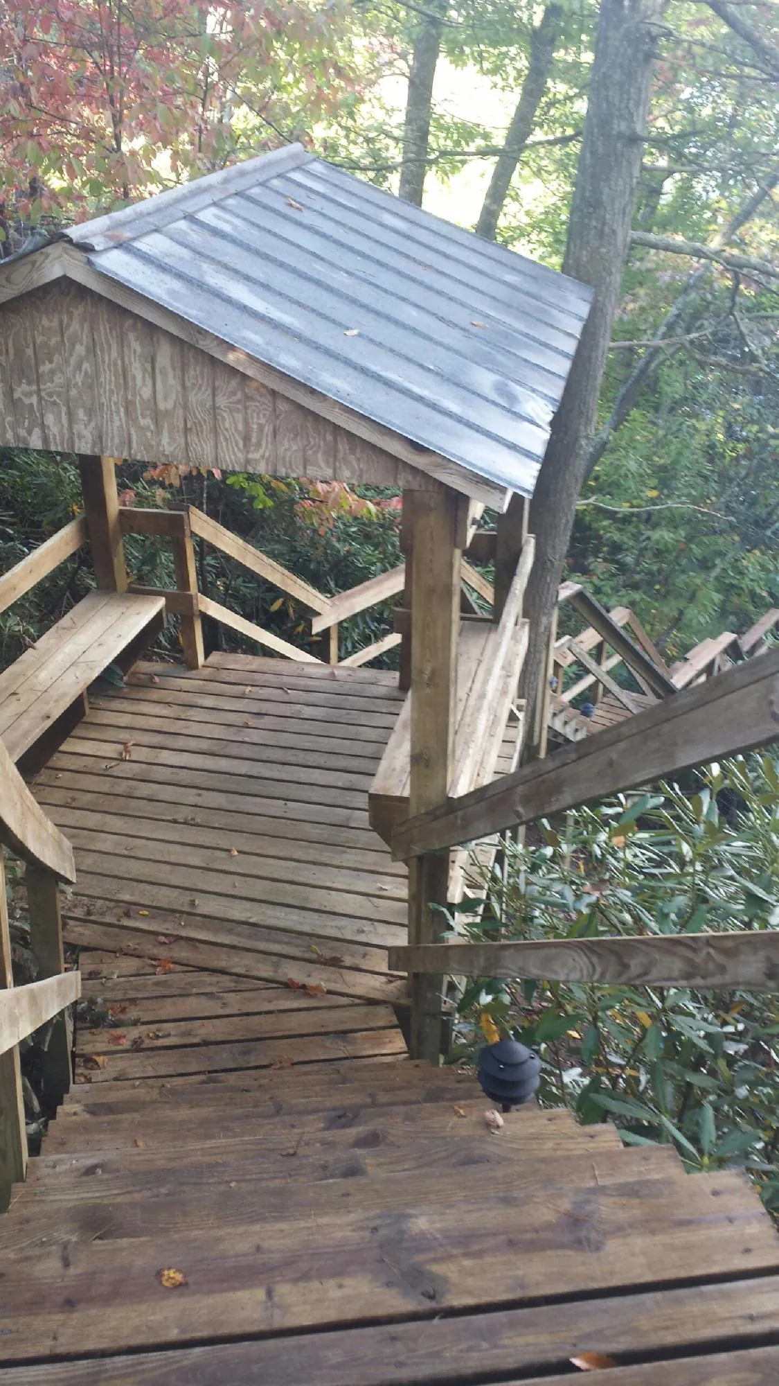Metal roofed shelter over wooden steps on a wooded walkway — Skylight Repair & Installation work by our crew in Wauseon